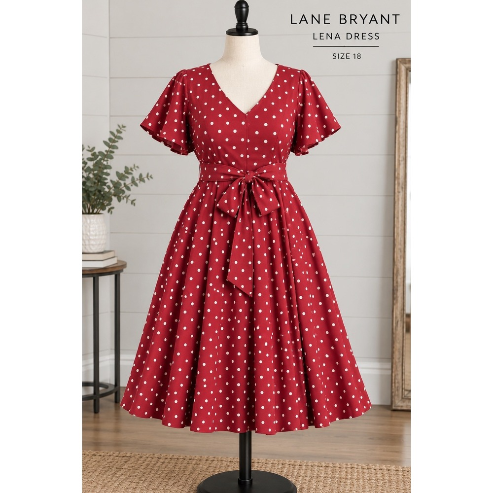 Lane Bryant Plus  Lena Size 18 Burgundy/White Polka Dot VNeck Midi A-Line Dress